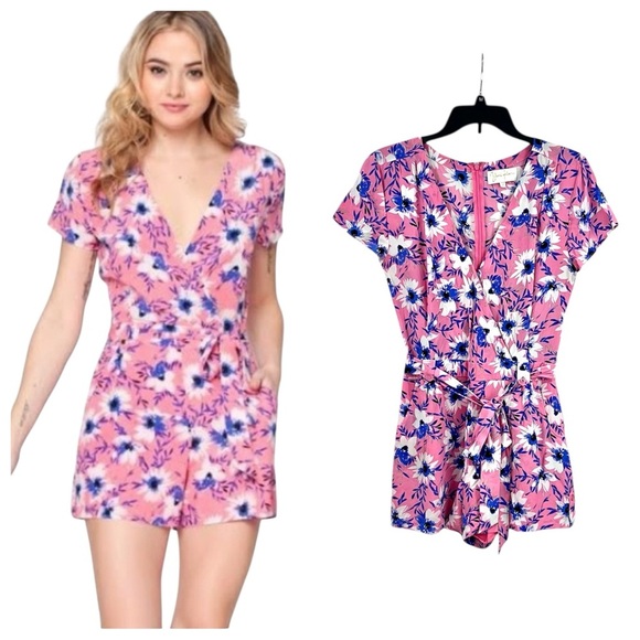 Yumi Kim Pants - Yumi Kim Paradise Faux Wrap Surplice Romper Jumpsuit Pink Floral Safari Silk